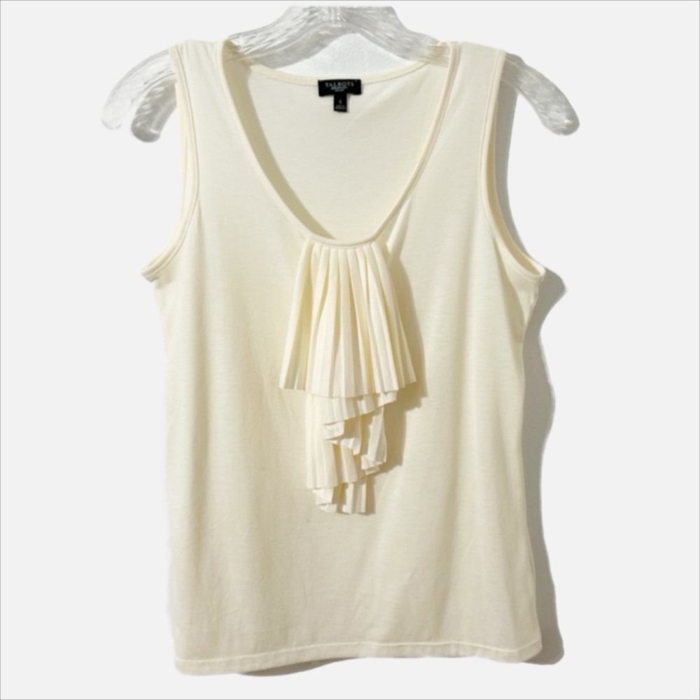 Talbots Petites Sleeveless V-Scoop Neck Tank Top Ruffled Detail in Front Cream